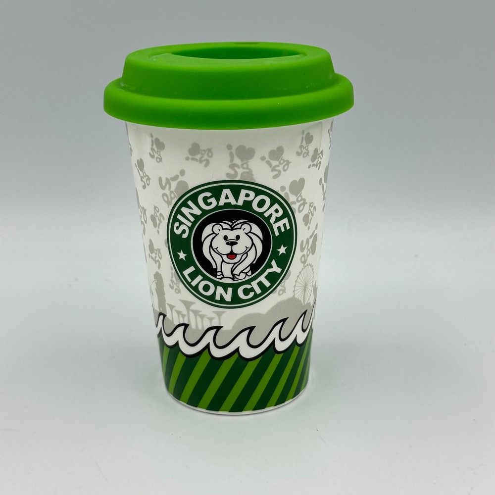 Singapore‎ Lion City Ceramic Travel Mug with Green Silicone Lid
